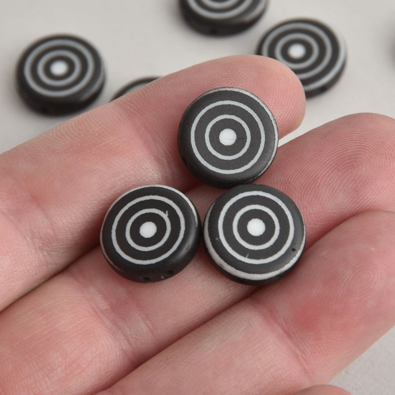 14mm Black Czech Glass Coin Beads, 2-holes, Laser Etched Bullseye Pattern, x6 beads, bgl1964