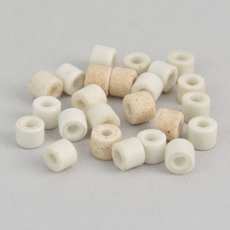8mm Round Barrel Ceramic Glass Beads, matte white with cream, 10 beads, bgl1987