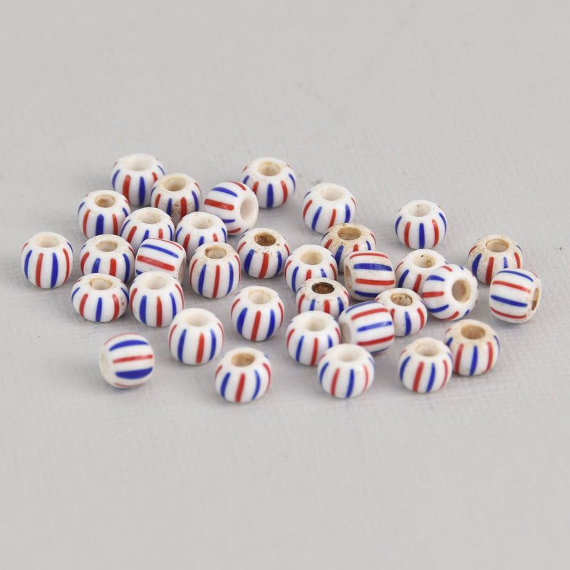 7mm Round Glass Beads, white with red and blue stripes, x20 beads, bgl1992