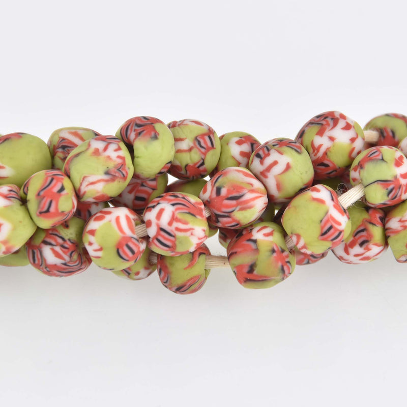 10mm Glass Round African Beads, Green and Red, Recycled Glass x25 beads bgl1997