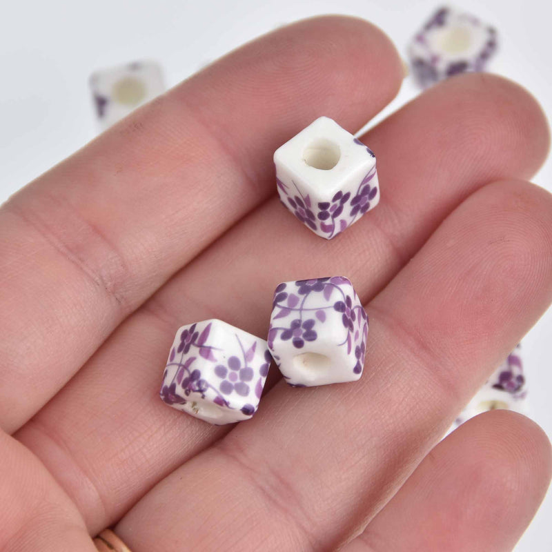 10mm Purple Flower Cube Beads, Chinoiserie White Porcelain, x10 beads, bgl1998