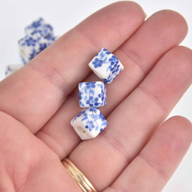 10mm Blue Flower Cube Beads, Chinoiserie White Porcelain, x10 beads, bgl1999