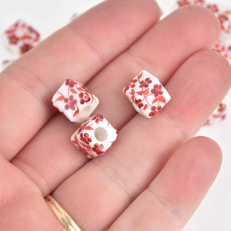 10mm Red Flower Cube Beads, Chinoiserie White Porcelain, x10 beads, bgl2000