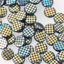 14mm Blue Gold Czech Glass Coin Beads, 2-holes, Laser Etched Checkerboard Pattern, x6 beads, bgl2011