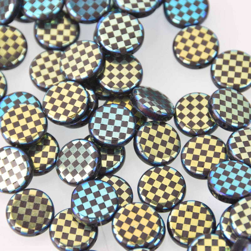 14mm Blue Gold Czech Glass Coin Beads, 2-holes, Laser Etched Checkerboard Pattern, x6 beads, bgl2011