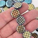 14mm Blue Gold Czech Glass Coin Beads, 2-holes, Laser Etched Checkerboard Pattern, x6 beads, bgl2011