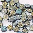 14mm Blue Gold Metallic Czech Glass Coin Beads, 2-holes, Laser Etched Swirl Pattern, x6 beads, bgl2012