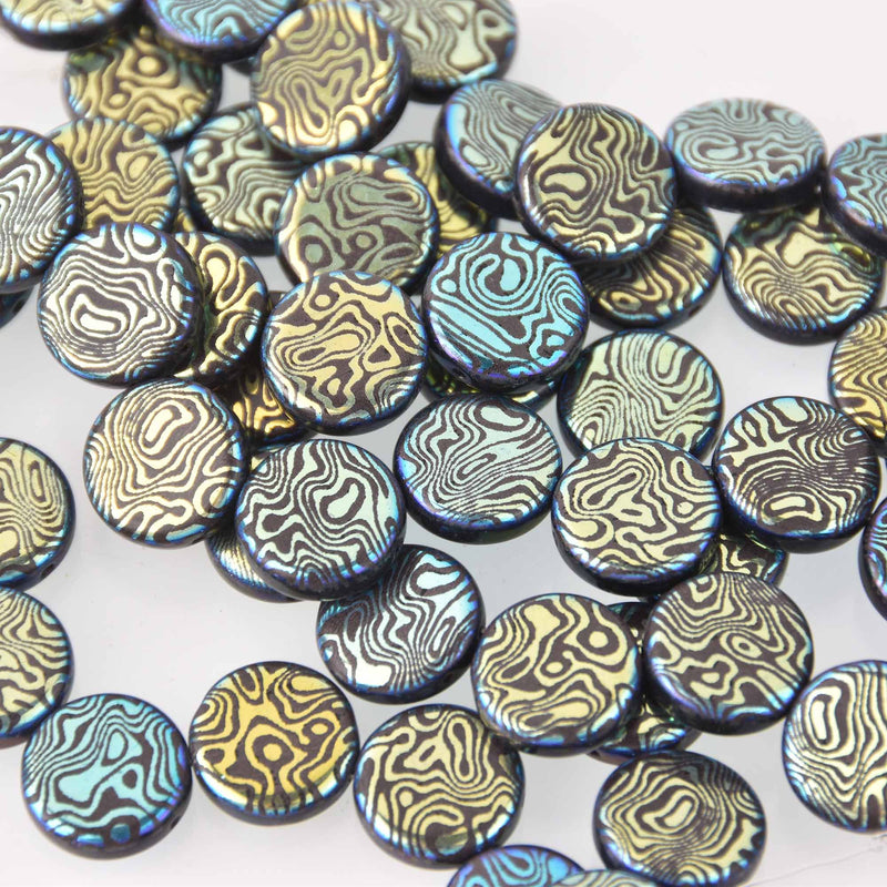 14mm Blue Gold Metallic Czech Glass Coin Beads, 2-holes, Laser Etched Swirl Pattern, x6 beads, bgl2012