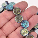 14mm Blue Gold Metallic Czech Glass Coin Beads, 2-holes, Laser Etched Swirl Pattern, x6 beads, bgl2012