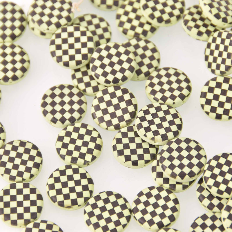 14mm Light Yellow Czech Glass Coin Beads, 2-holes, Laser Etched Checkerboard Pattern, x6 beads, bgl2013
