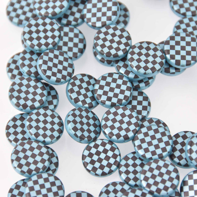 14mm Blue Czech Glass Coin Beads, 2-holes, Laser Etched Checkerboard Pattern, x6 beads, bgl2014