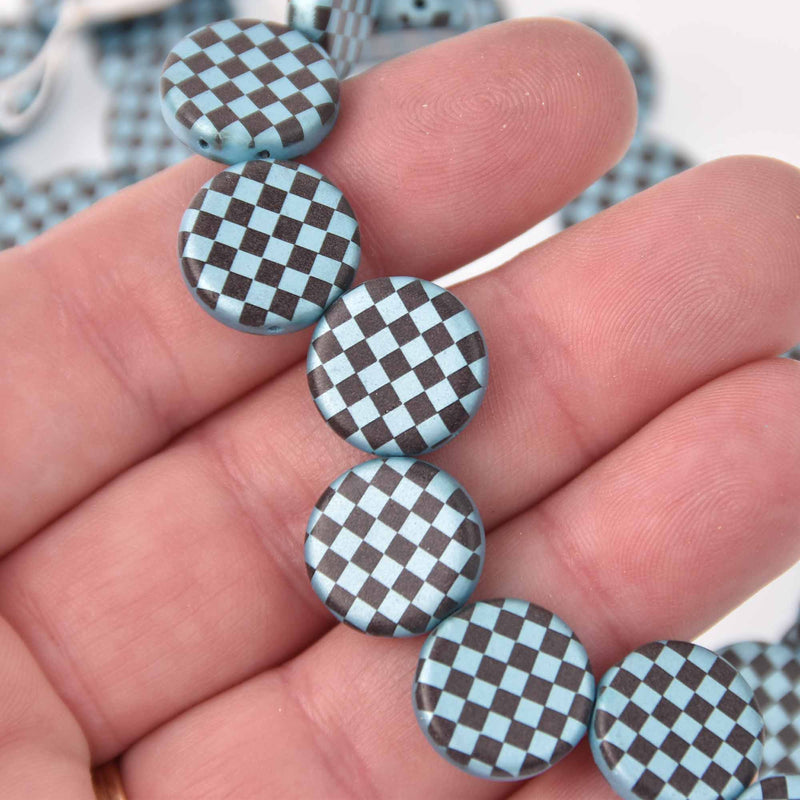 14mm Blue Czech Glass Coin Beads, 2-holes, Laser Etched Checkerboard Pattern, x6 beads, bgl2014