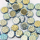 14mm Blue Gold Czech Glass Coin Beads, 2-holes, Laser Etched Metallic Crackle Pattern, x6 beads, bgl2015