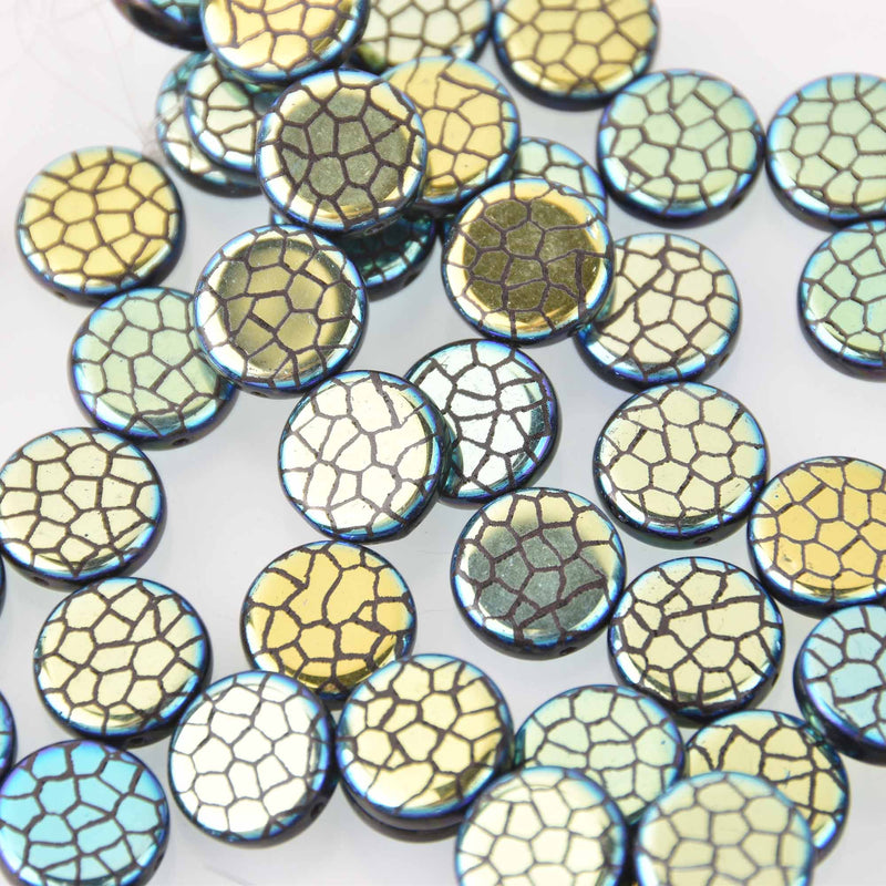 14mm Blue Gold Czech Glass Coin Beads, 2-holes, Laser Etched Metallic Crackle Pattern, x6 beads, bgl2015