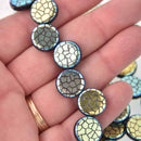 14mm Blue Gold Czech Glass Coin Beads, 2-holes, Laser Etched Metallic Crackle Pattern, x6 beads, bgl2015