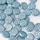 14mm Blue Czech Glass Coin Beads, 2-holes, Laser Etched Metallic Crackle Pattern, x6 beads, bgl2016