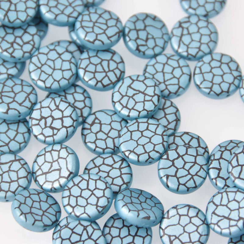 14mm Blue Czech Glass Coin Beads, 2-holes, Laser Etched Metallic Crackle Pattern, x6 beads, bgl2016