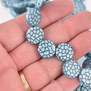 14mm Blue Czech Glass Coin Beads, 2-holes, Laser Etched Metallic Crackle Pattern, x6 beads, bgl2016