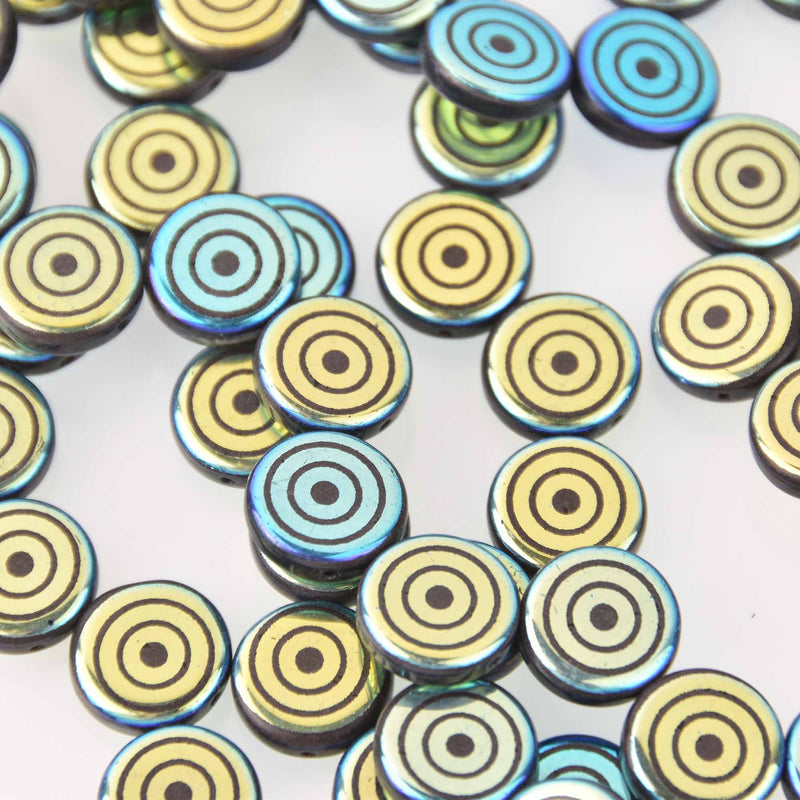 14mm Blue Gold Metallic Czech Glass Coin Beads, 2-holes, Laser Etched Bullseye Pattern, x6 beads, bgl2017