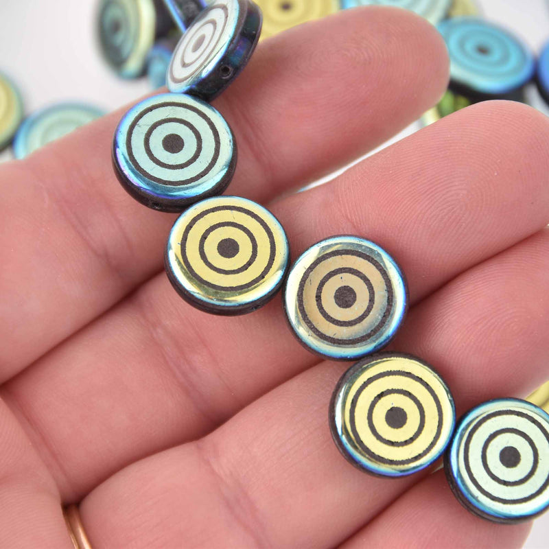 14mm Blue Gold Metallic Czech Glass Coin Beads, 2-holes, Laser Etched Bullseye Pattern, x6 beads, bgl2017