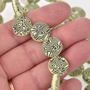 14mm Yellow Green Czech Glass Coin Beads, 2-holes, Laser Etched Swirl Pattern, x6 beads, bgl2018