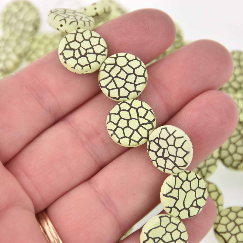 14mm Lime Green Czech Glass Coin Beads, 2-holes, Laser Etched Metallic Crackle Pattern, x6 beads, bgl2019