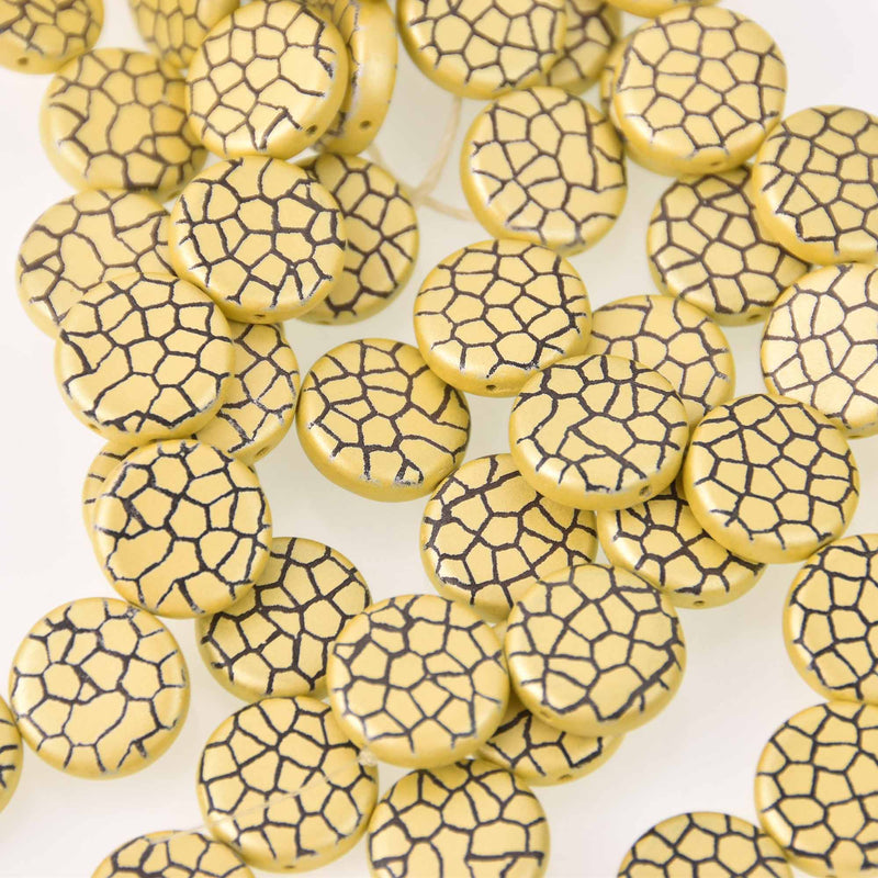 14mm Yellow Czech Glass Coin Beads, 2-holes, Laser Etched Metallic Crackle Pattern, x6 beads, bgl2020