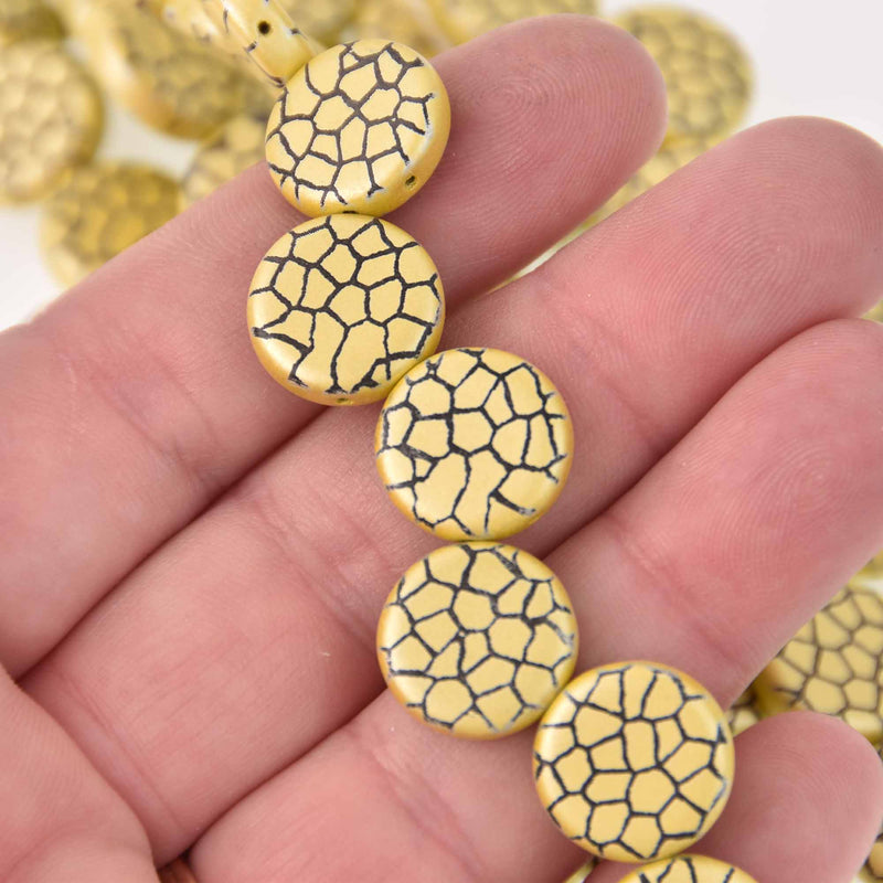 14mm Yellow Czech Glass Coin Beads, 2-holes, Laser Etched Metallic Crackle Pattern, x6 beads, bgl2020