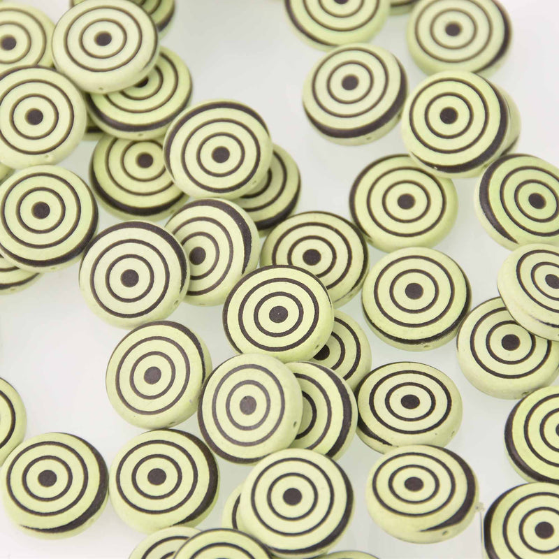14mm Lime Green Czech Glass Coin Beads, 2-holes, Laser Etched Bullseye Pattern, x6 beads, bgl2021