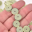14mm Lime Green Czech Glass Coin Beads, 2-holes, Laser Etched Bullseye Pattern, x6 beads, bgl2021