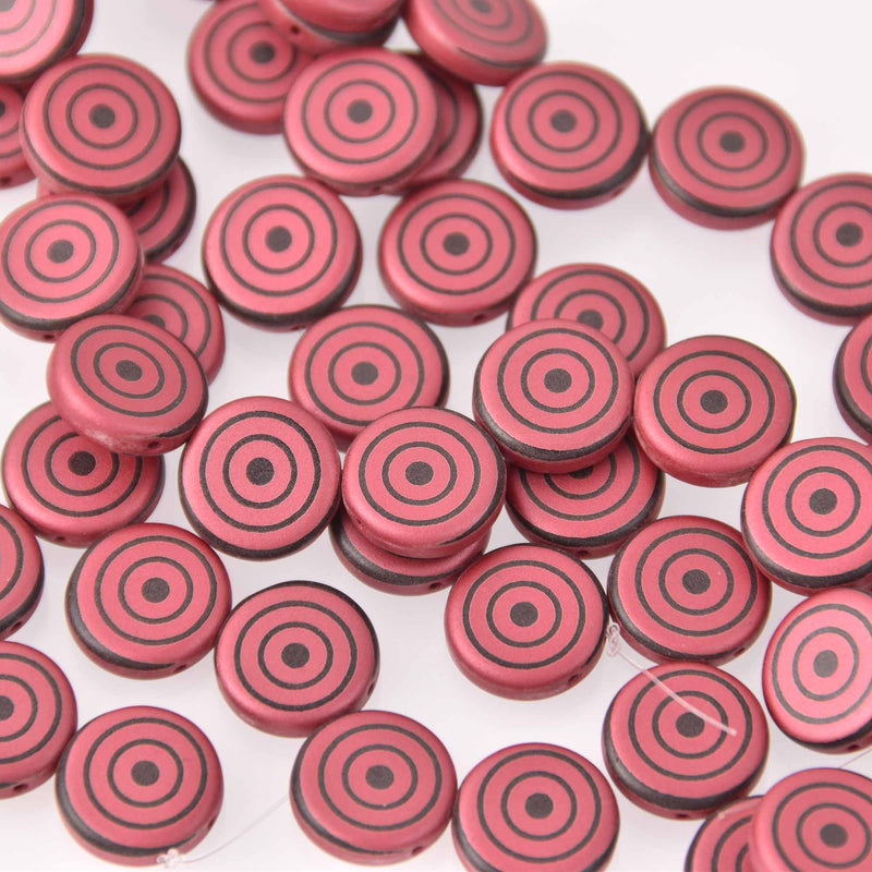 14mm Red Czech Glass Coin Beads, 2-holes, Laser Etched Bullseye Pattern, x6 beads, bgl2023