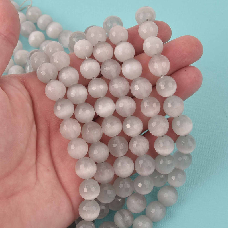 12mm Round Cat Eye Beads, Gray, Faceted Glass, strand, bgl2033