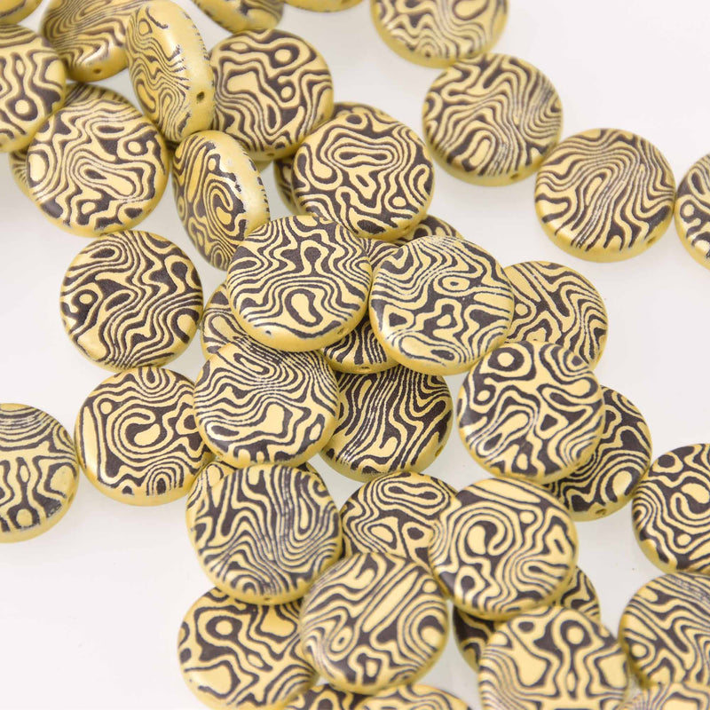 14mm Yellow Czech Glass Coin Beads, 2-holes, Laser Etched Swirl Pattern, x6 beads, bgl2024