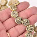 14mm Yellow Czech Glass Coin Beads, 2-holes, Laser Etched Swirl Pattern, x6 beads, bgl2024