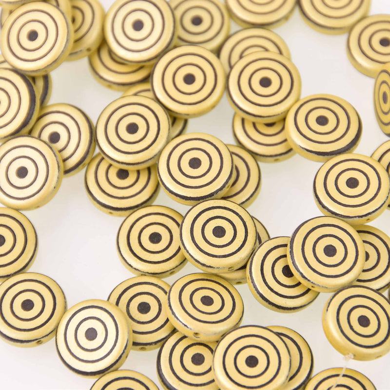 14mm Yellow Metallic Czech Glass Coin Beads, 2-holes, Laser Etched Bullseye Pattern, x6 beads, bgl2025