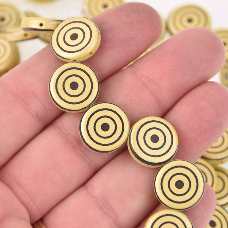 14mm Yellow Metallic Czech Glass Coin Beads, 2-holes, Laser Etched Bullseye Pattern, x6 beads, bgl2025
