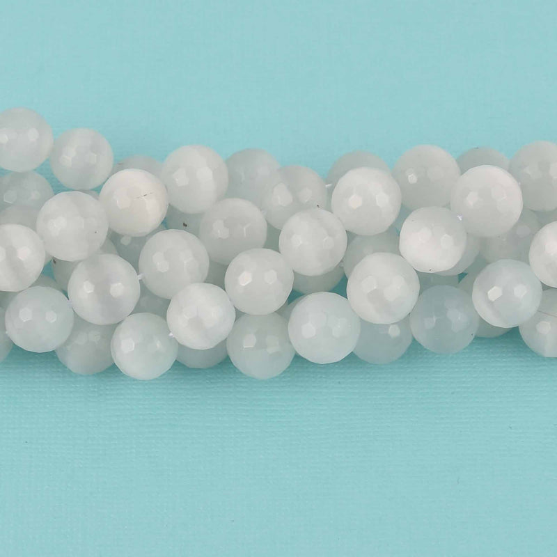 10mm Round Cat Eye Beads, White, Faceted Glass, strand, bgl2037