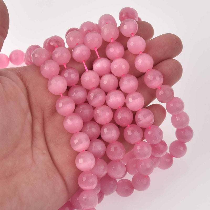 12mm Round Cat Eye Beads, Pink, Faceted Glass, strand, bgl2027