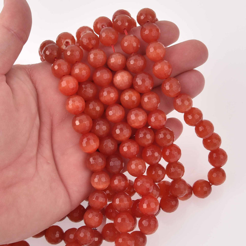 12mm Round Cat Eye Beads, Orange, Faceted Glass, strand, bgl2028