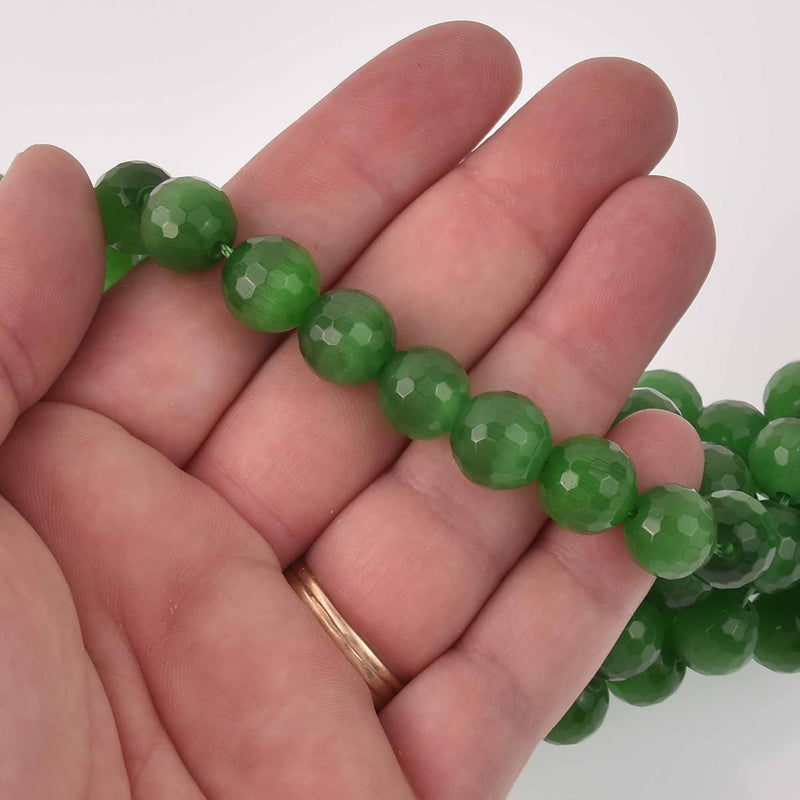 12mm Round Cat Eye Beads, Emerald Green, Faceted Glass, strand, bgl2030