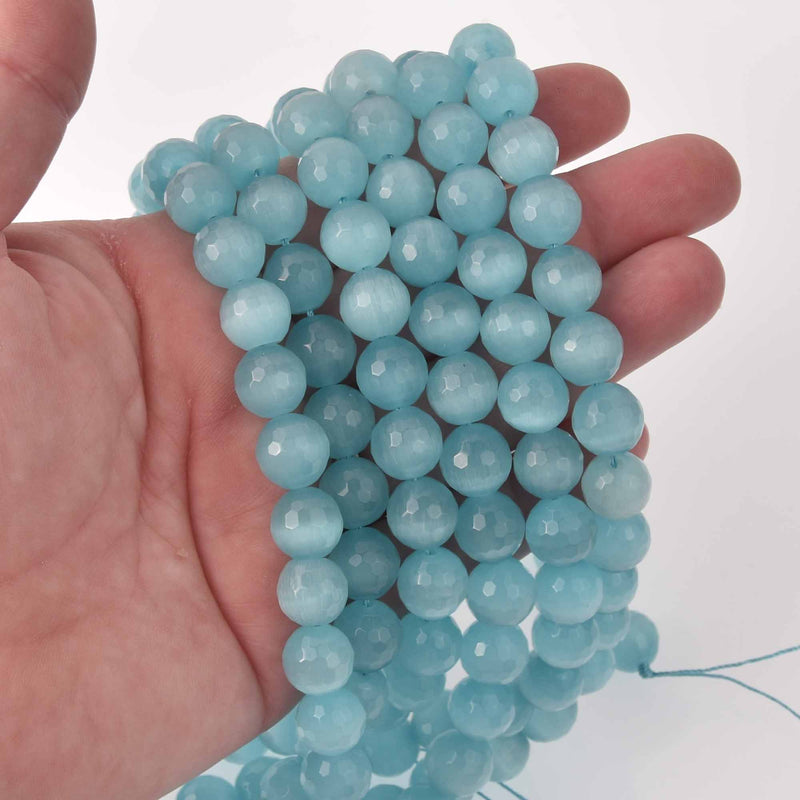 12mm Round Cat Eye Beads, Light Blue, Faceted Glass, strand, bgl2031