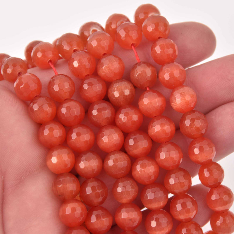 10mm Round Cat Eye Beads, Orange, Faceted Glass, strand, bgl2034