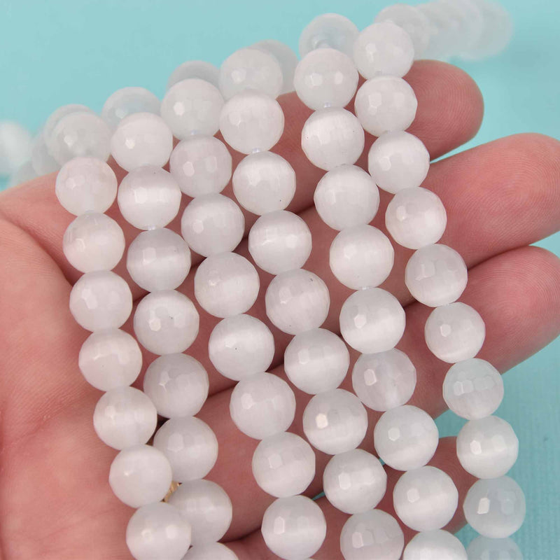 10mm Round Cat Eye Beads, White, Faceted Glass, strand, bgl2037