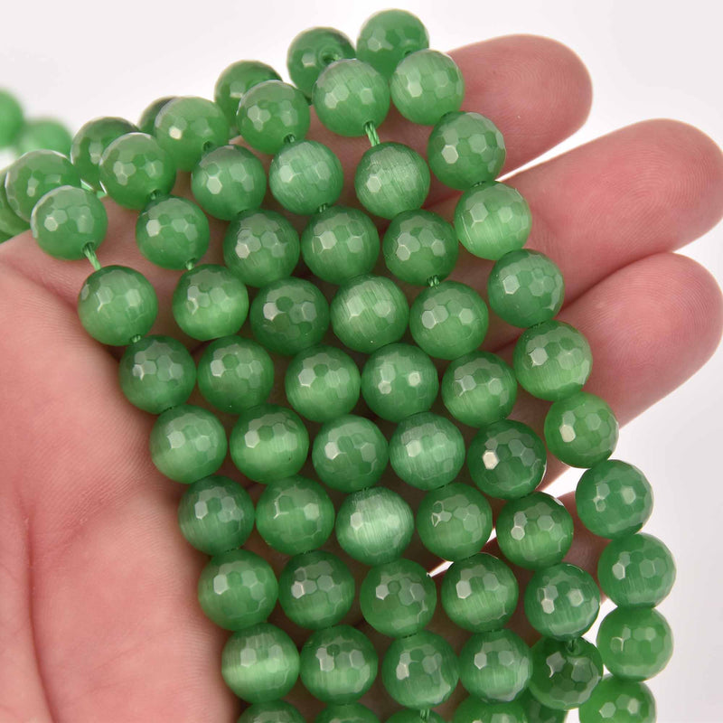 10mm Round Cat Eye Beads, Emerald Green, Faceted Glass, strand, bgl2039