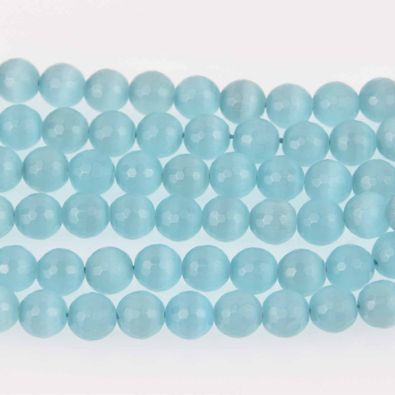 10mm Round Cat Eye Beads, Light Blue, Faceted Glass, strand, bgl2040
