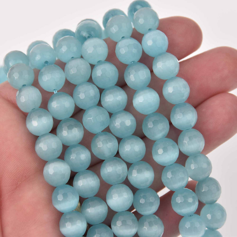 10mm Round Cat Eye Beads, Light Blue, Faceted Glass, strand, bgl2040