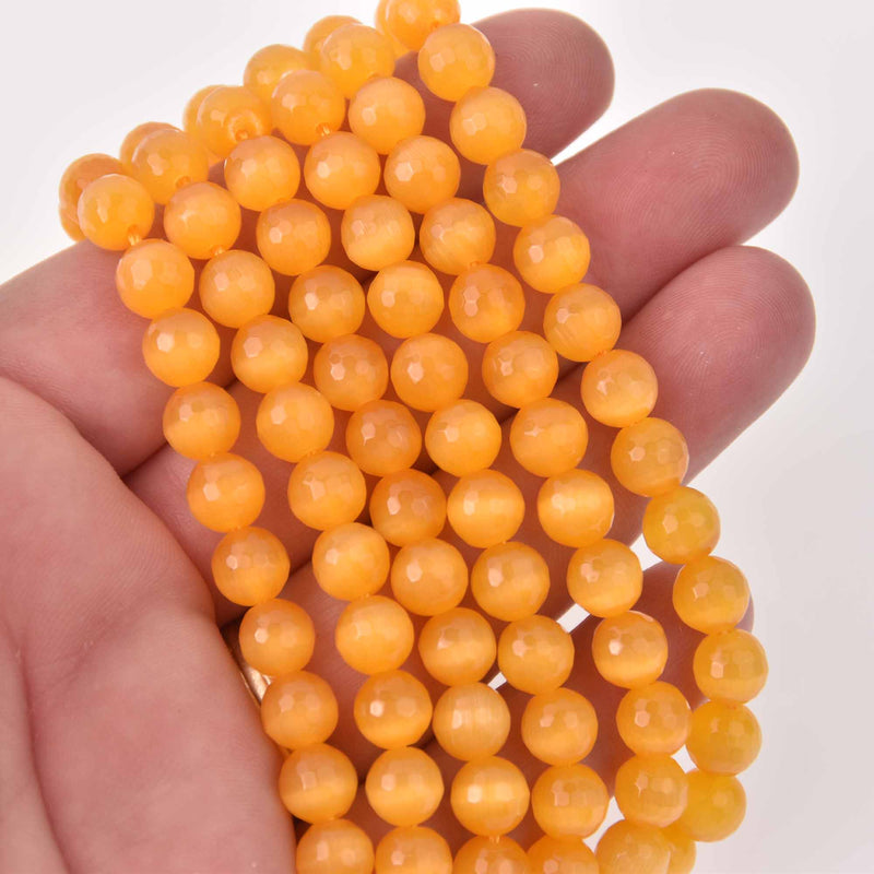 8mm Round Cat Eye Beads, Yellow, Faceted Glass, strand, bgl2042