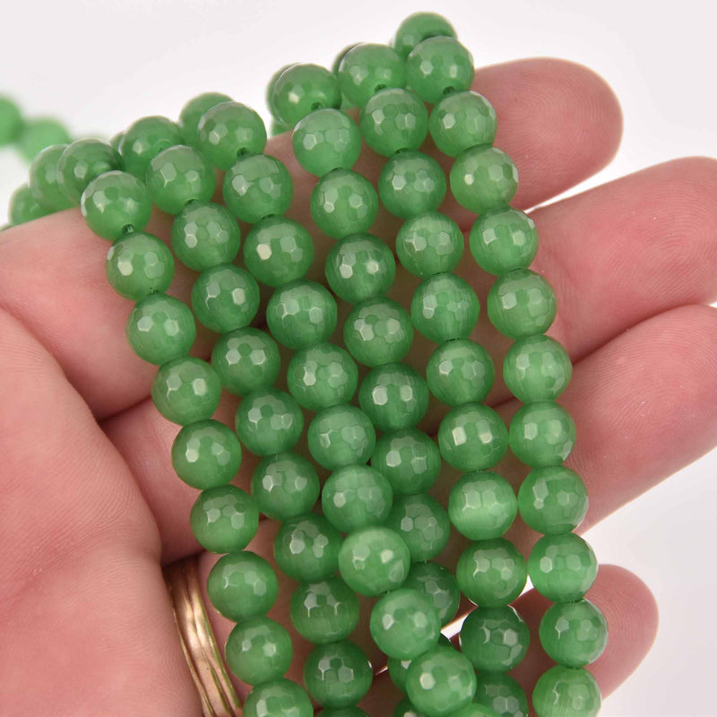 8mm Round Cat Eye Beads, Emerald Green, Faceted Glass, strand, bgl2043