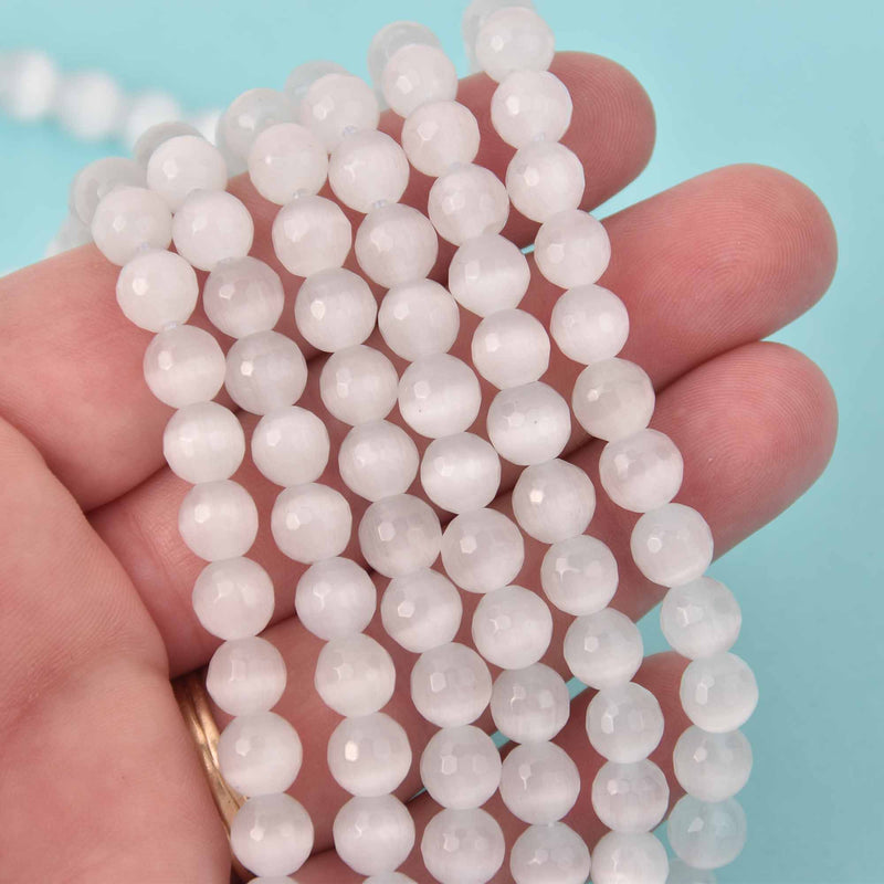 8mm Round Cat Eye Beads, White, Faceted Glass, strand, bgl2044