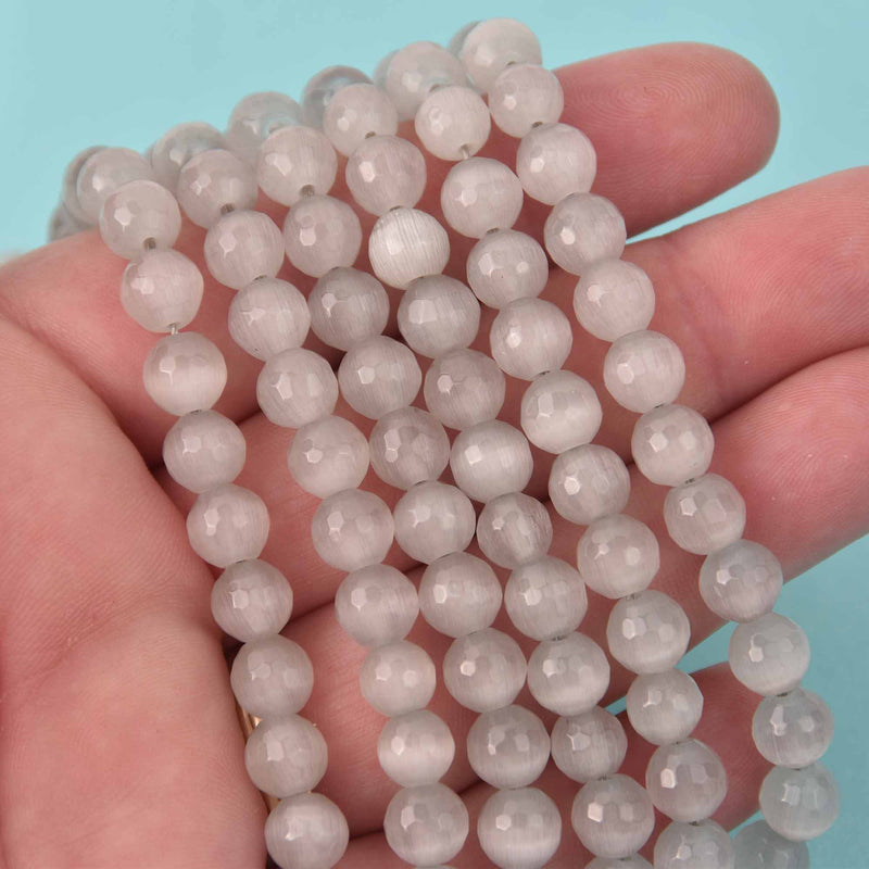 8mm Round Cat Eye Beads, Gray, Faceted Glass, strand, bgl2046